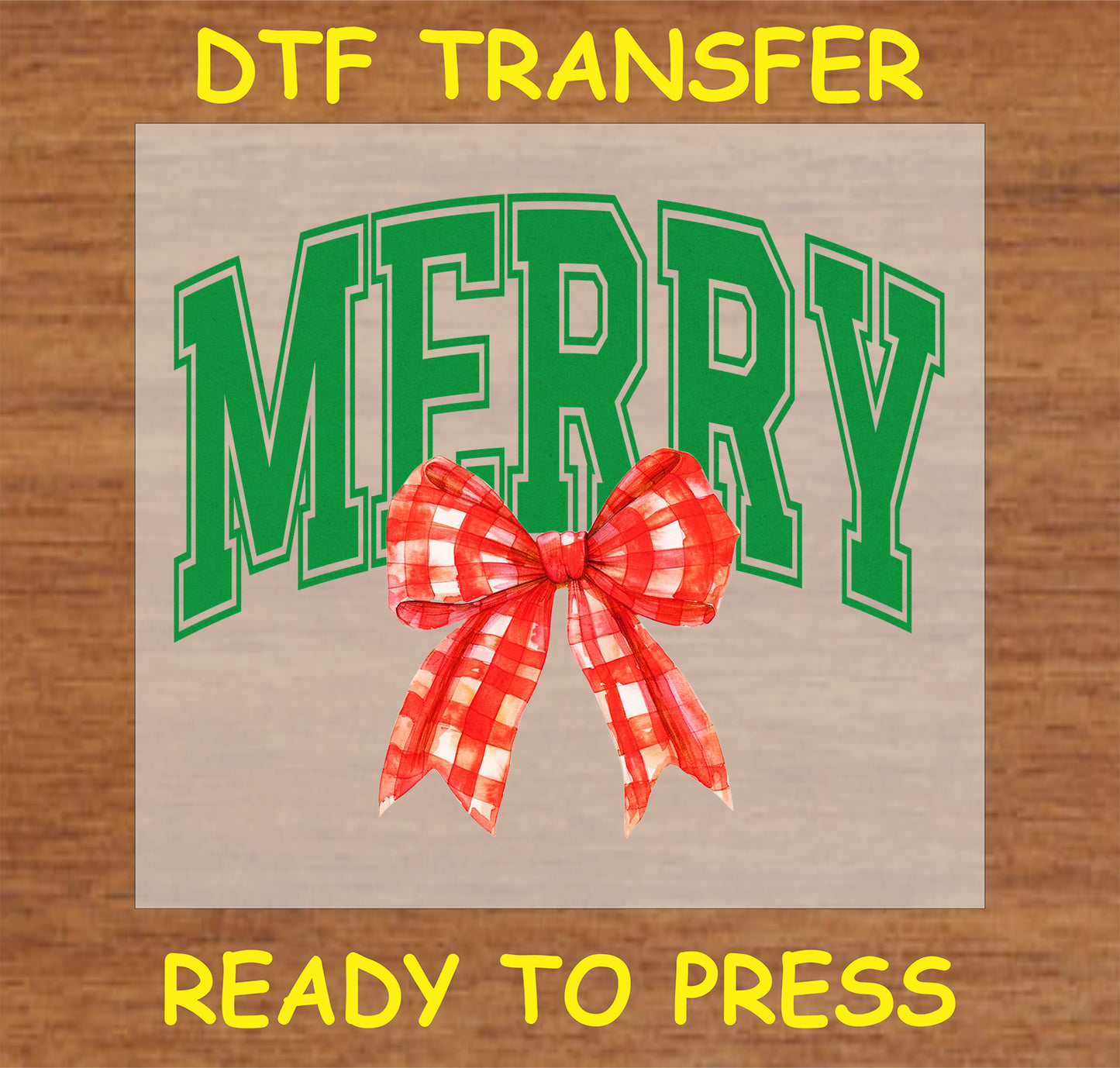 "Merry DTF Transfer with bold green varsity lettering and a red plaid bow for holiday apparel and gifts"