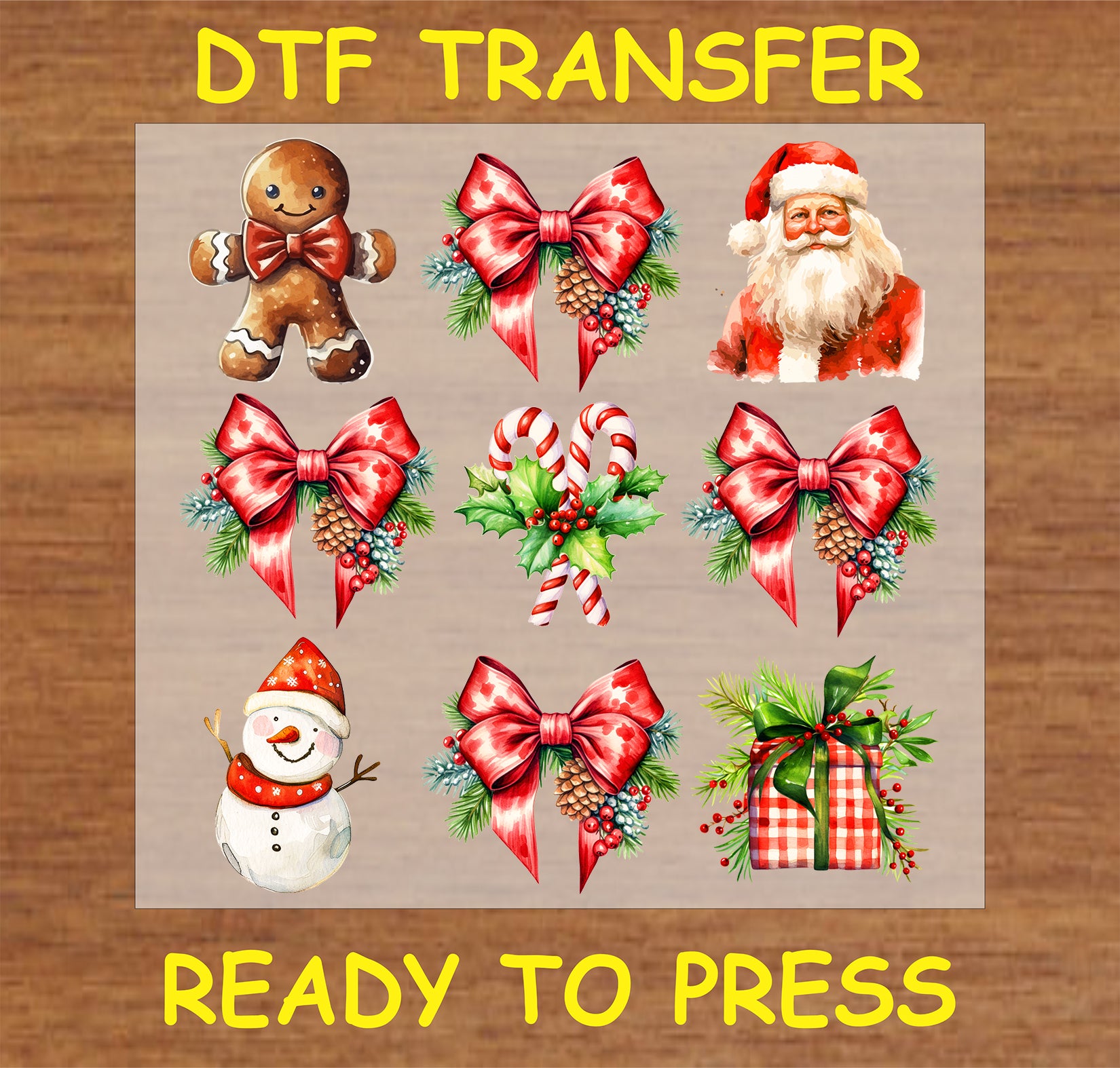 "Christmas Variety DTF Transfer featuring gingerbread man, Santa, snowman, bows, and candy canes for festive holiday apparel"