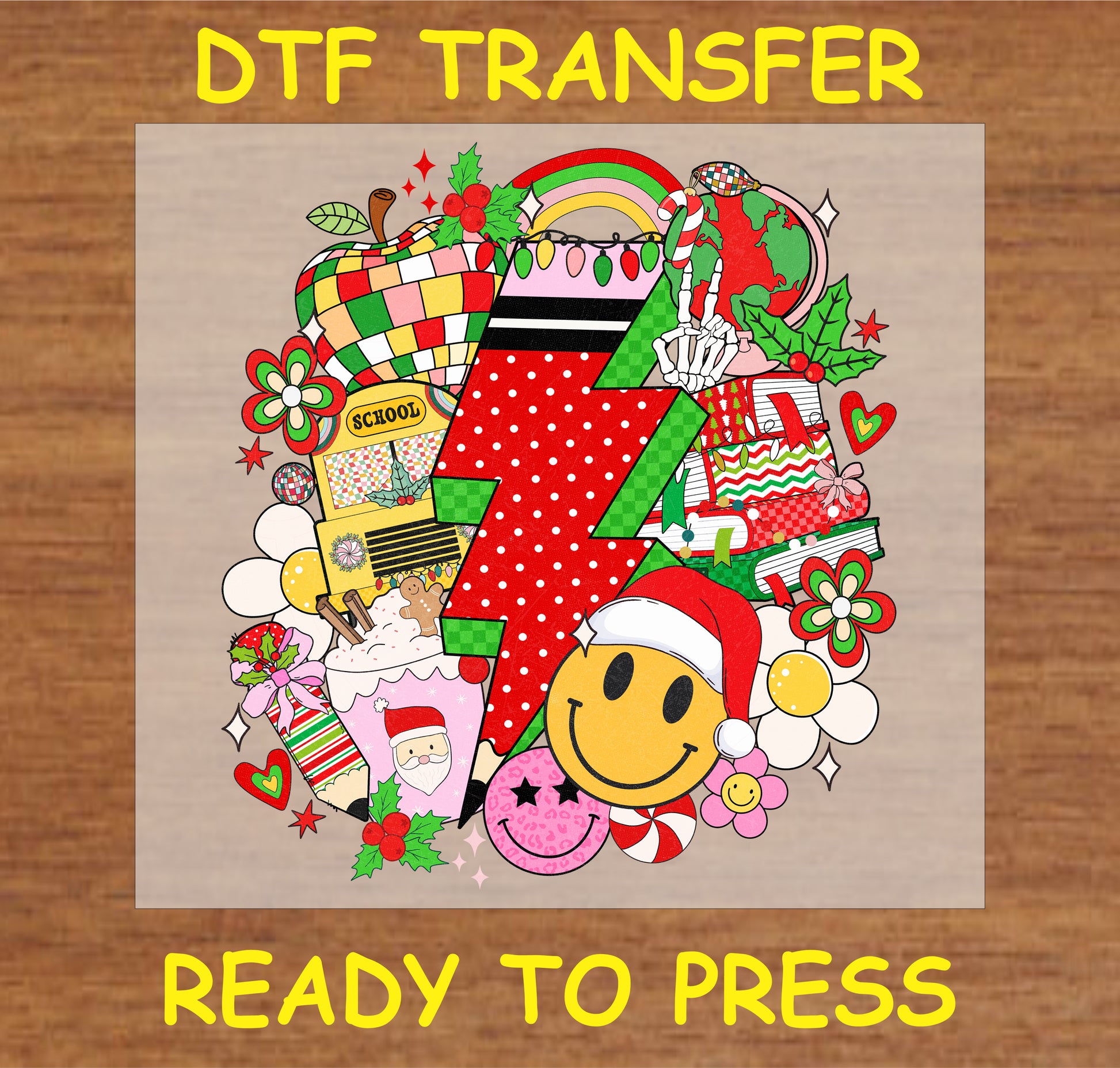 "Festive Lightning Bolt DTF Transfer featuring colorful Christmas and school-themed elements"