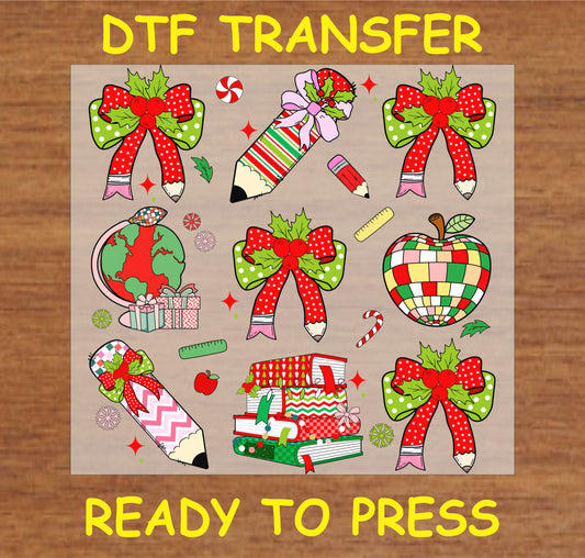 "Christmas Teacher Elements DTF Transfer featuring holiday school-themed designs such as decorated pencils, bows, and apples"