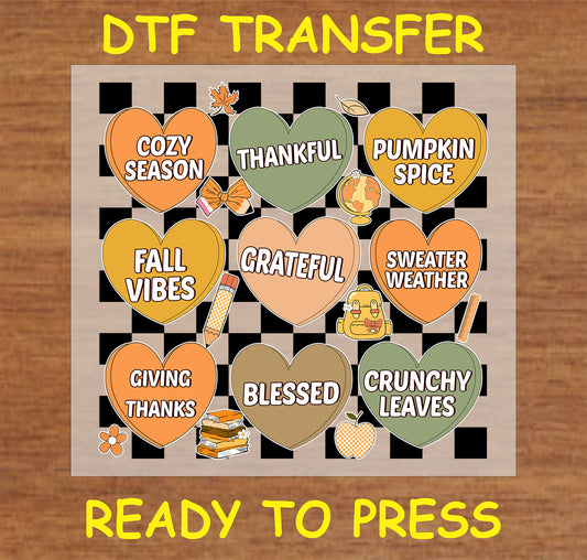 "Cozy Fall Season DTF Transfer with autumn-themed hearts and cozy phrases"