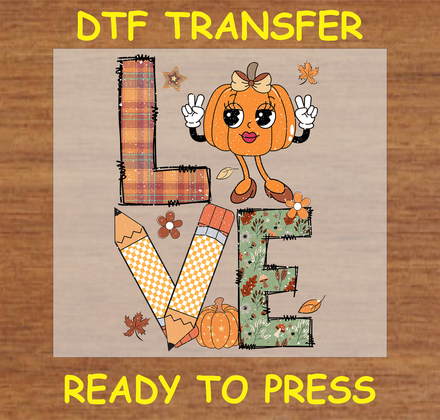 LOVE DTF Transfer with a pumpkin character, pencil, and autumn leaves design