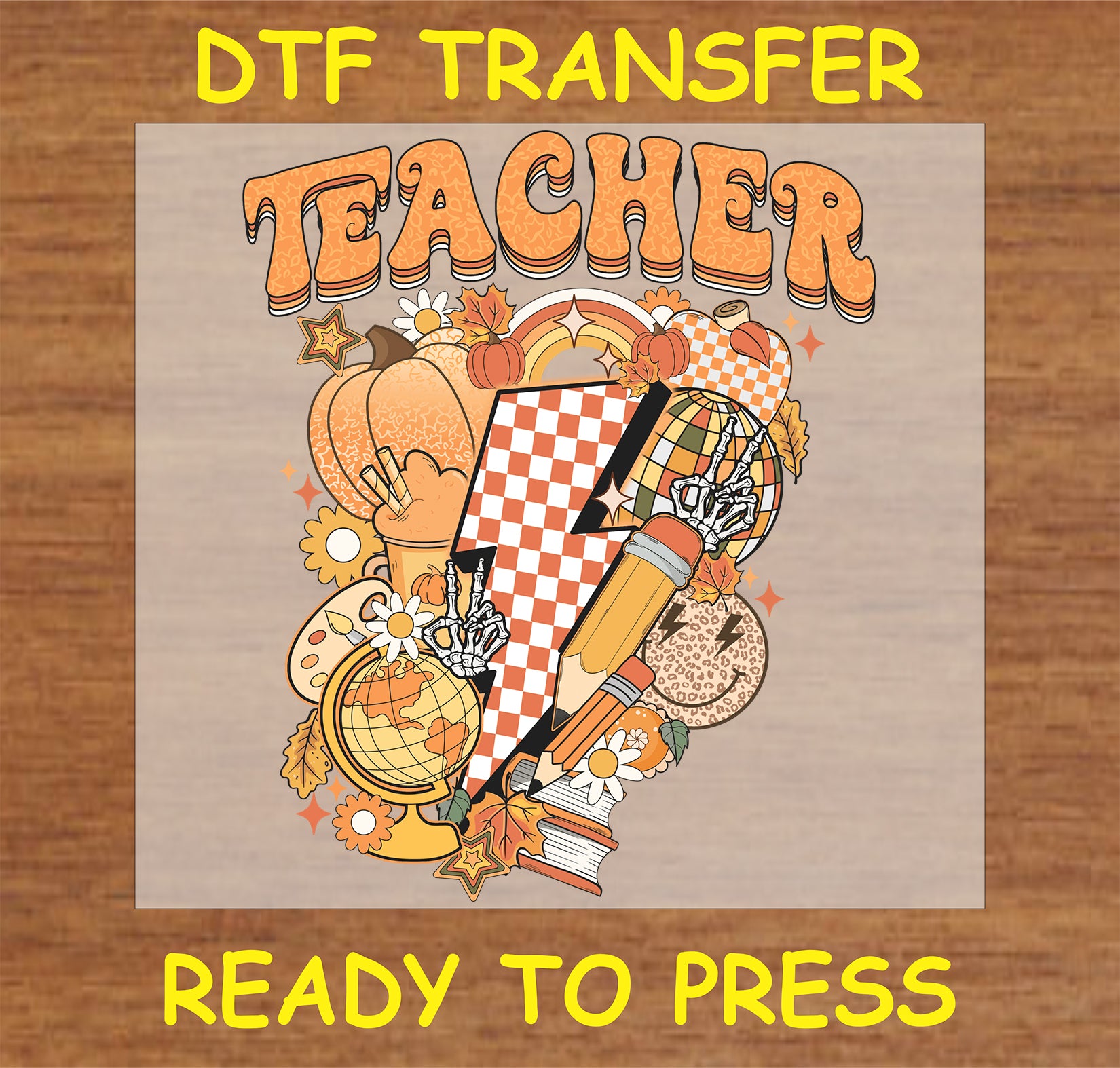 "Teacher" DTF Transfer with retro fall elements and lightning bolt design