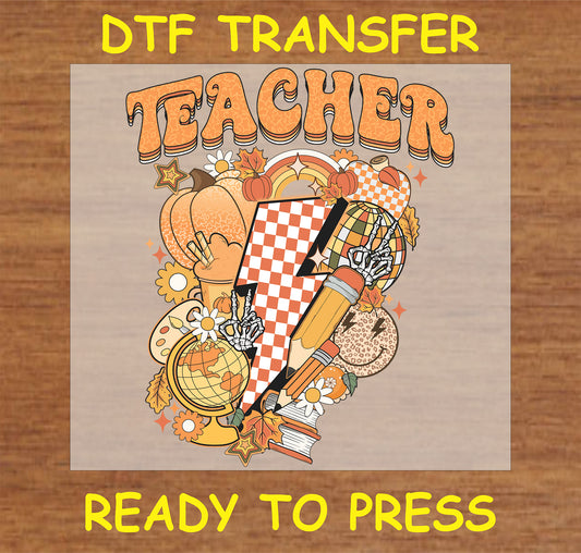 "Teacher" DTF Transfer with retro fall elements and lightning bolt design