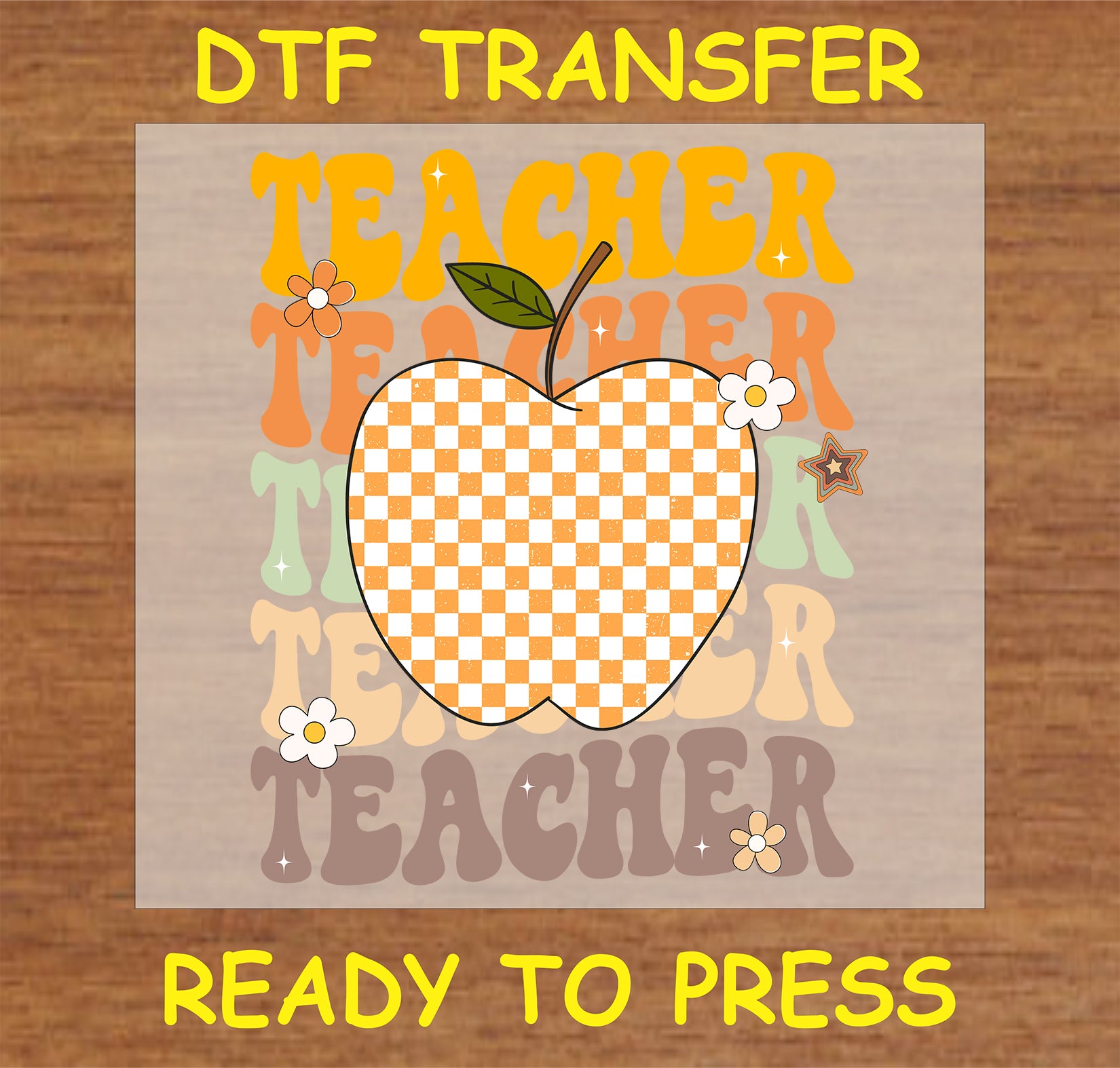 "Teacher" DTF Transfer with checkerboard apple design