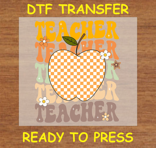 "Teacher" DTF Transfer with checkerboard apple design