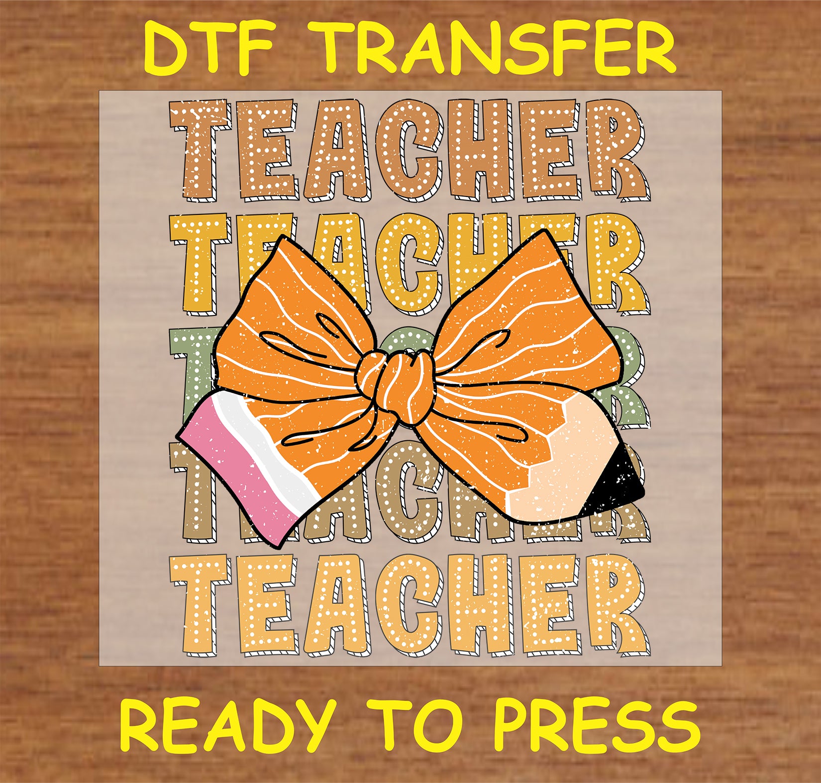 "Teacher" DTF Transfer with polka dot text and pencil bow design