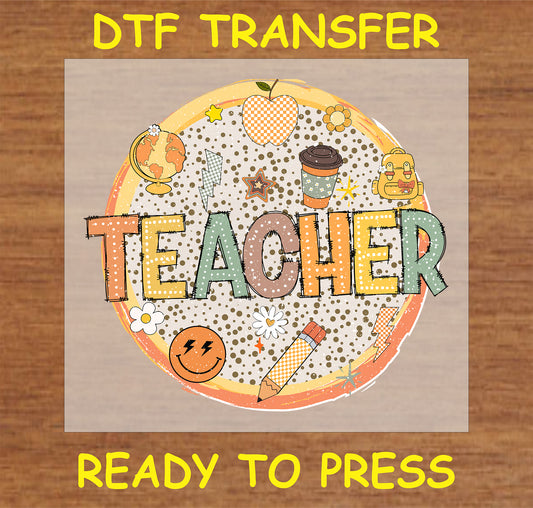 "Teacher" DTF Transfer featuring a round circle with teacher elements like pencil, globe, and coffee cup