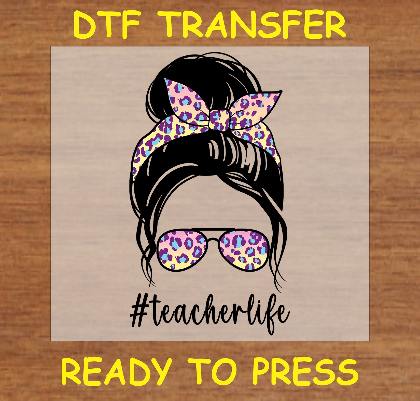 "#TeacherLife DTF Transfer featuring a trendy hair bow and leopard print glasses"