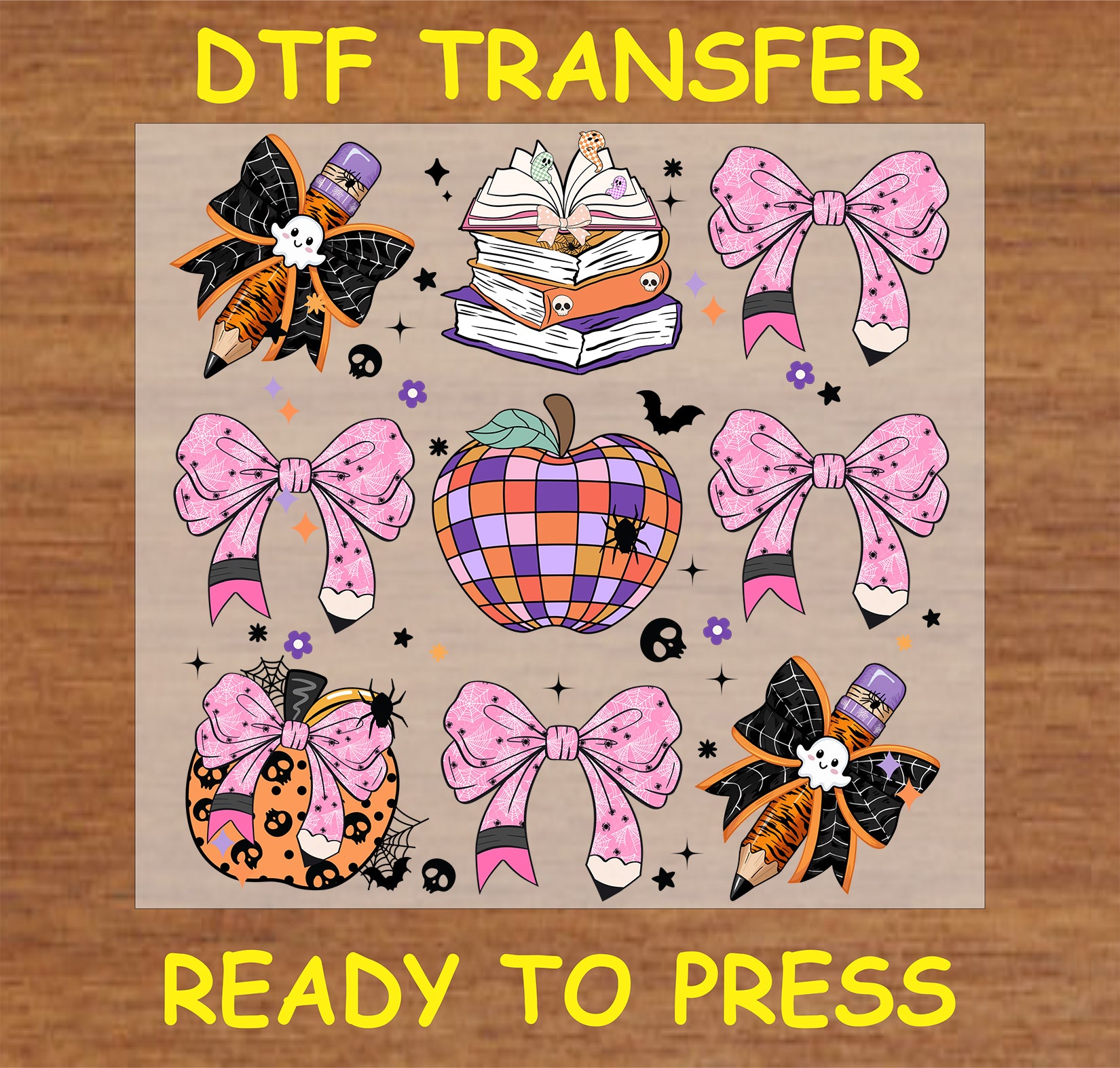 "Halloween Bows and Books DTF Transfer with spooky teacher elements like pumpkins, bows, and books"