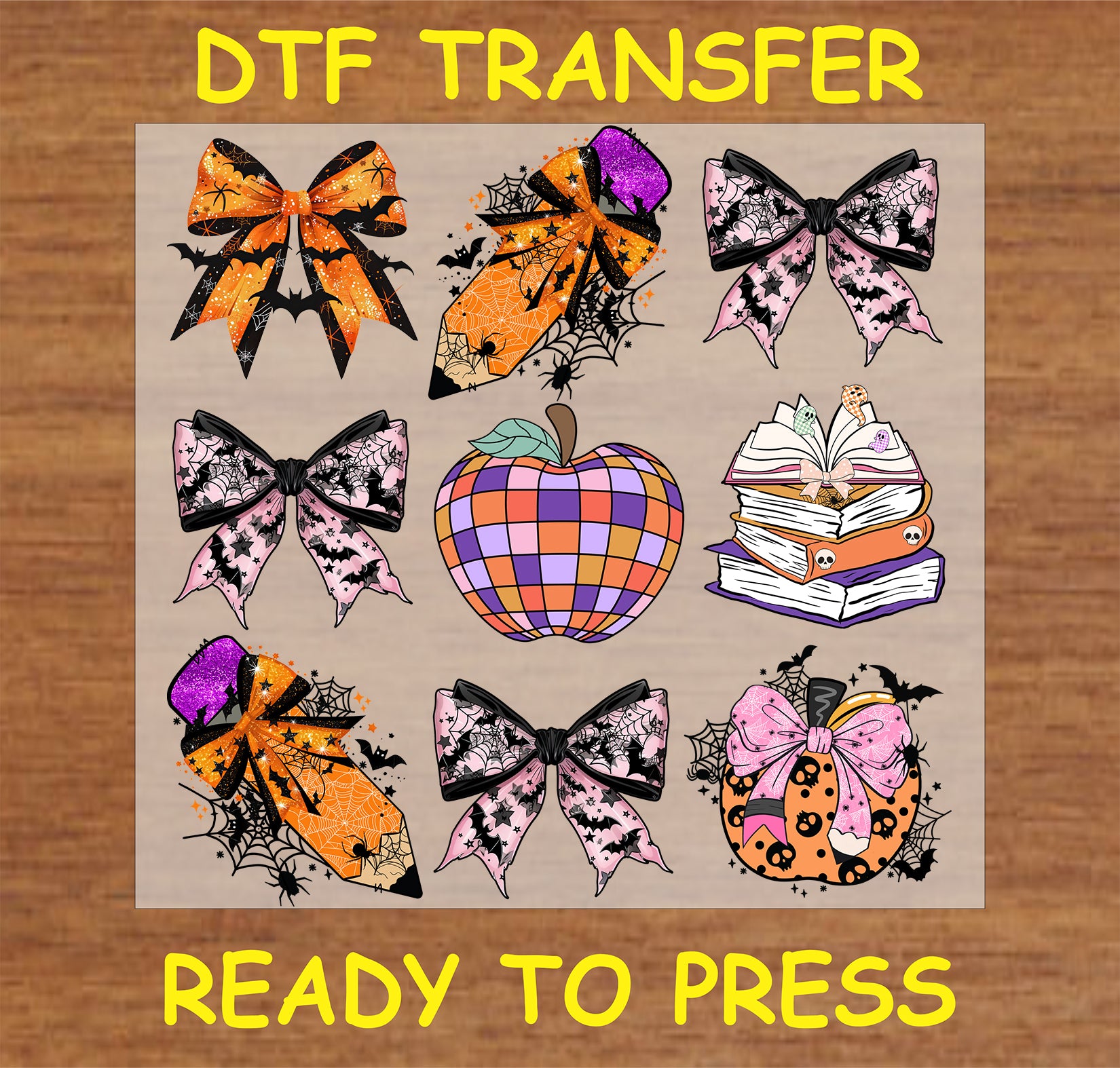 "Spooky Halloween Bows and Books DTF Transfer with Halloween-themed bows, pumpkin, and stack of books"