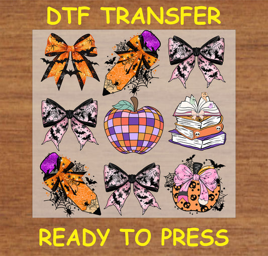 "Spooky Halloween Bows and Books DTF Transfer with Halloween-themed bows, pumpkin, and stack of books"