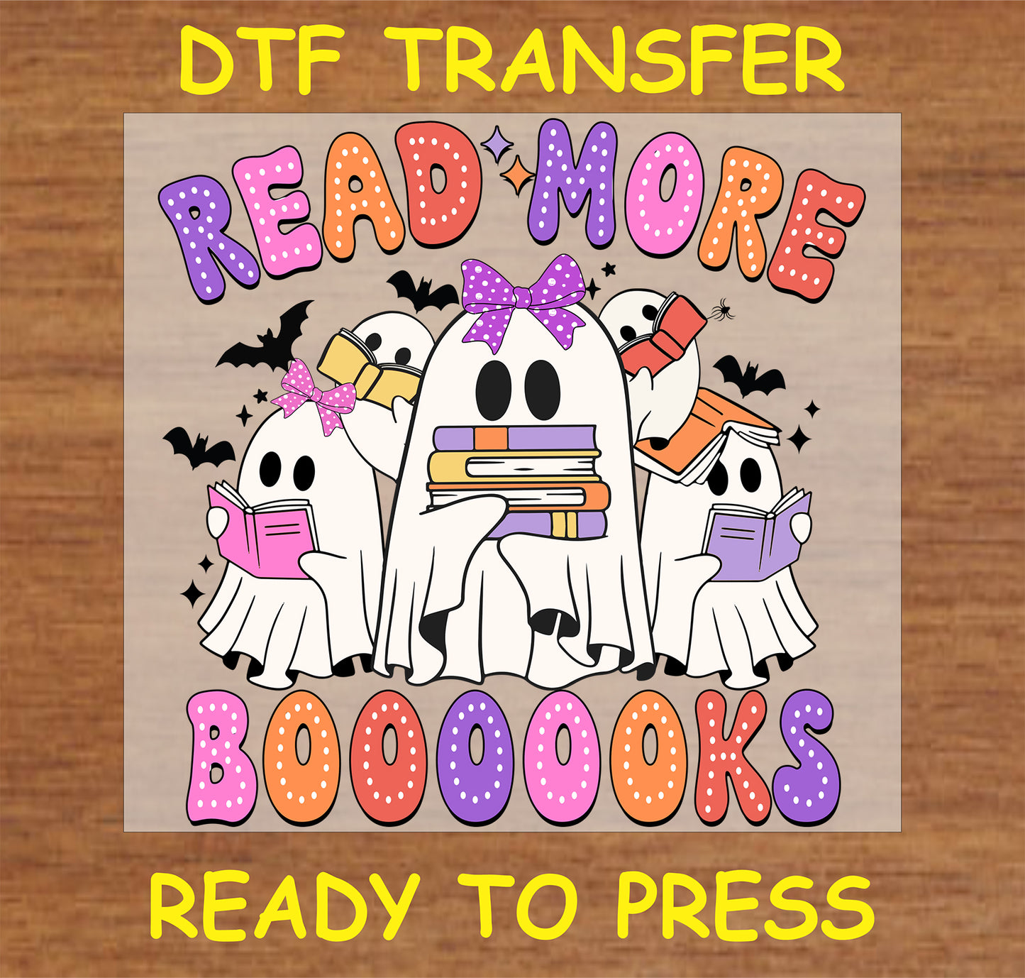 "Read More Booooks DTF Transfer with ghost characters reading books, Halloween design for teachers"