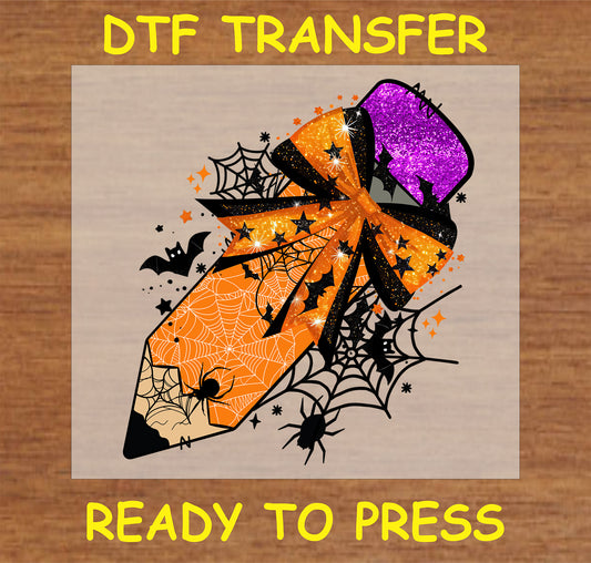 "Halloween Pencil DTF Transfer with spider web design and glittery bow for spooky teacher projects"