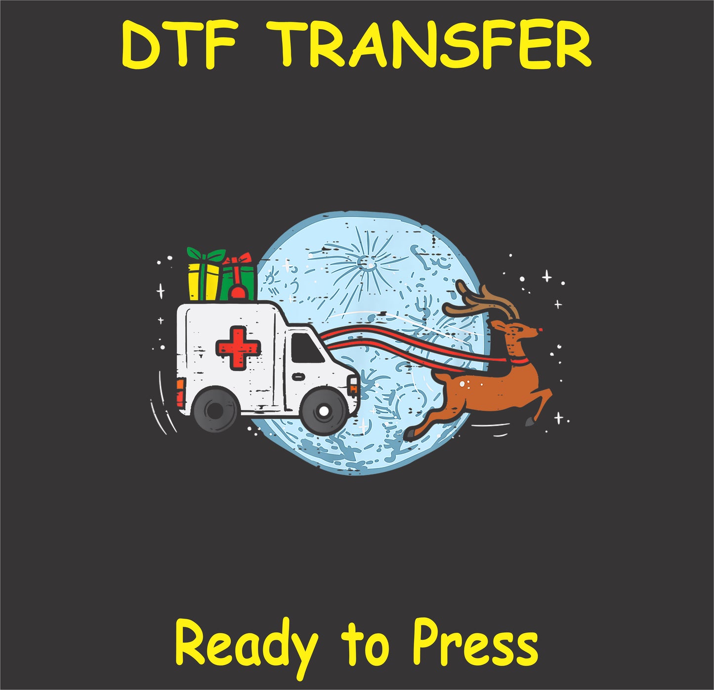 "Christmas Ambulance Nurse DTF Transfer with reindeer, festive ambulance, and full moon design"