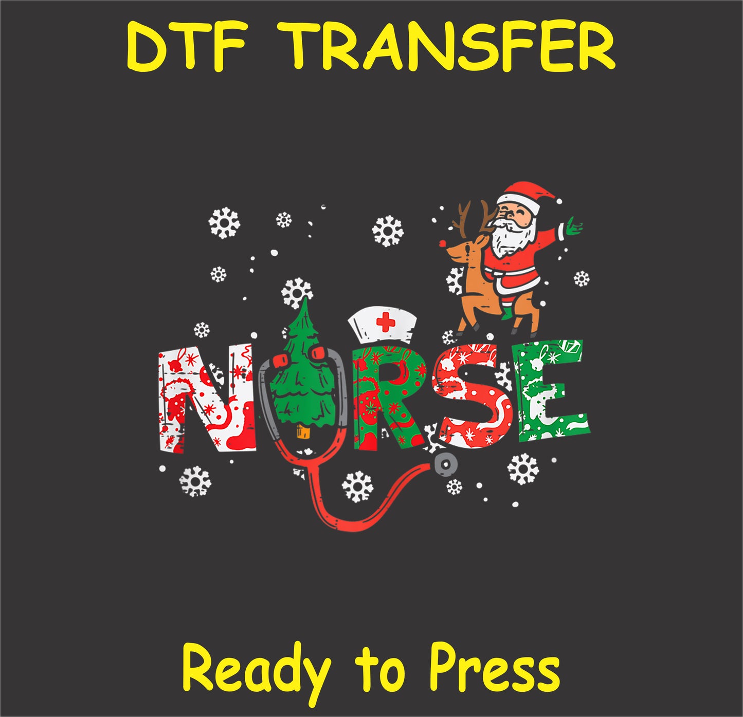 "Christmas Nurse DTF Transfer with Santa, reindeer, and festive nurse design"