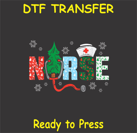 "Christmas Nurse DTF Transfer with a Christmas tree and nurse hat for a festive holiday design"