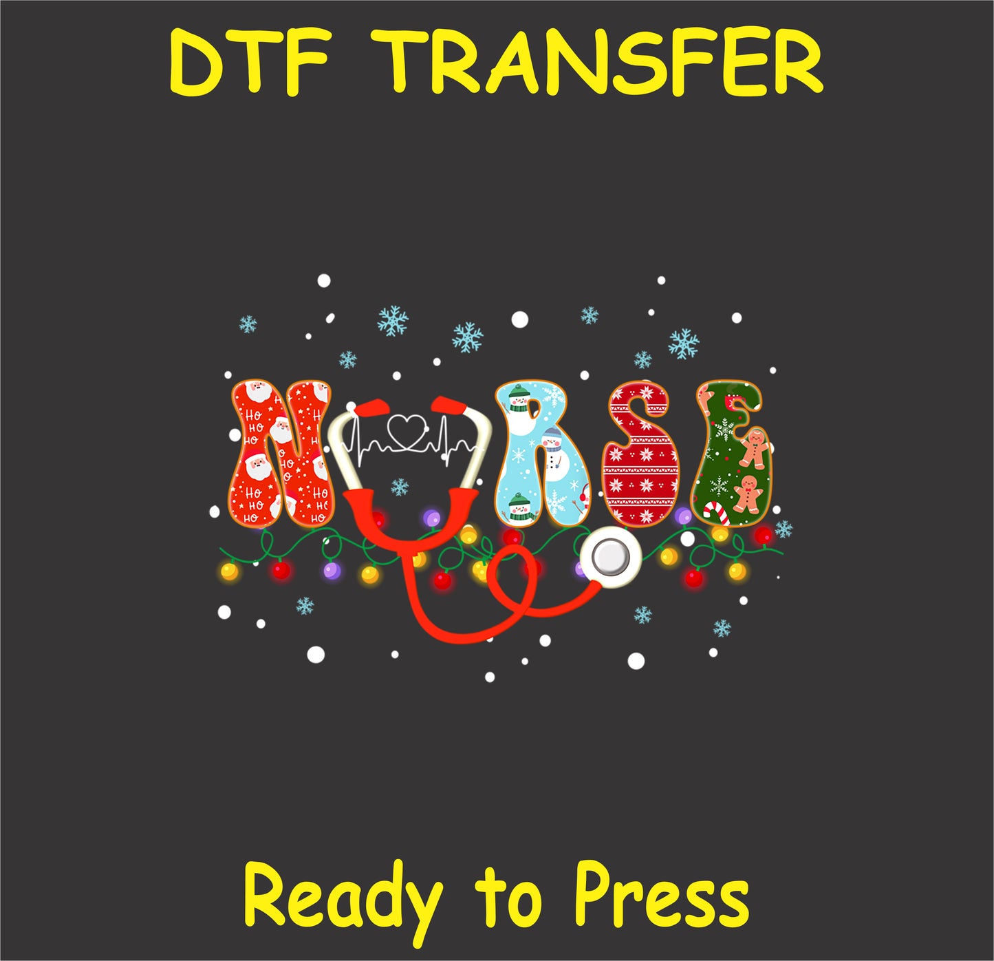 "Nurse Christmas DTF Transfer with festive holiday-themed stethoscope, Santa hat, and reindeer design"