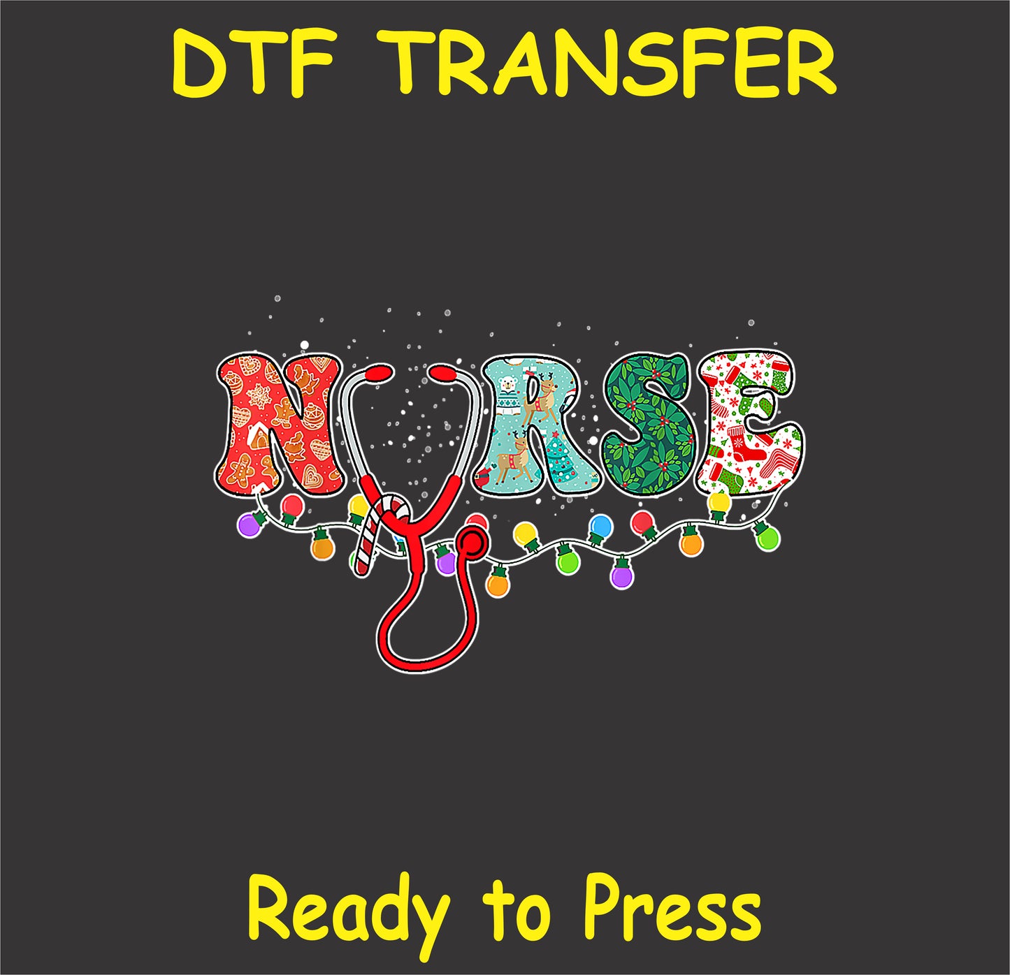 "Nurse Christmas DTF Transfer with stethoscope and colorful holiday lights design"