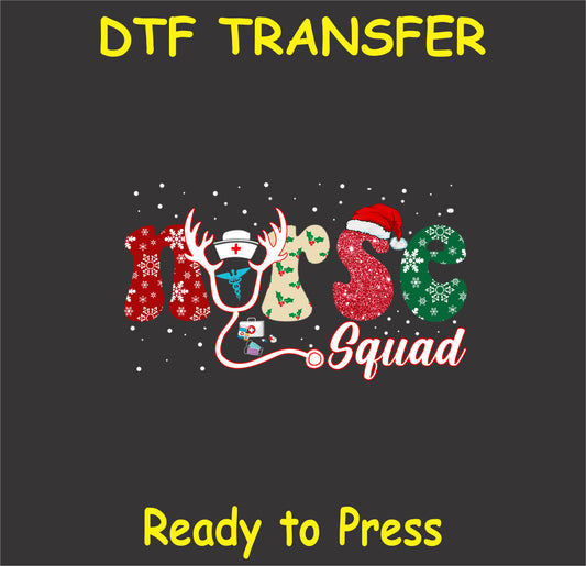 "Nurse Christmas DTF Transfer with 'Nurse Squad' holiday design, reindeer antlers, glitter accents, and Santa hat"