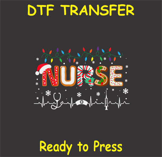 "Nurse Christmas DTF Transfer featuring holiday lights, medical icons, and festive lettering with Santa hat"