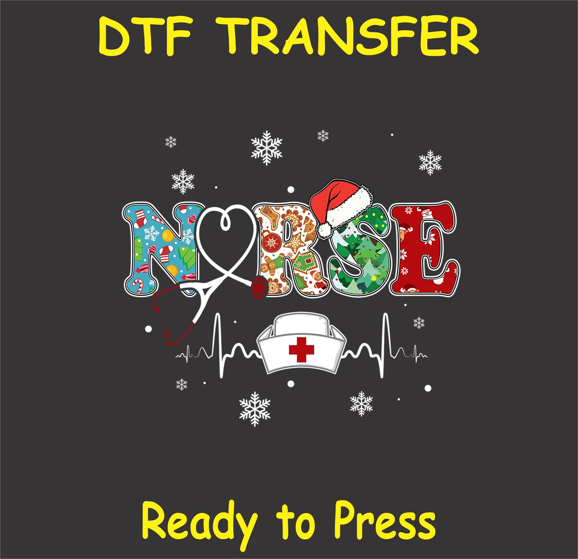 "Nurse Christmas DTF Transfer with festive stethoscope, Santa hat, EKG line, and snowflakes for nurses"