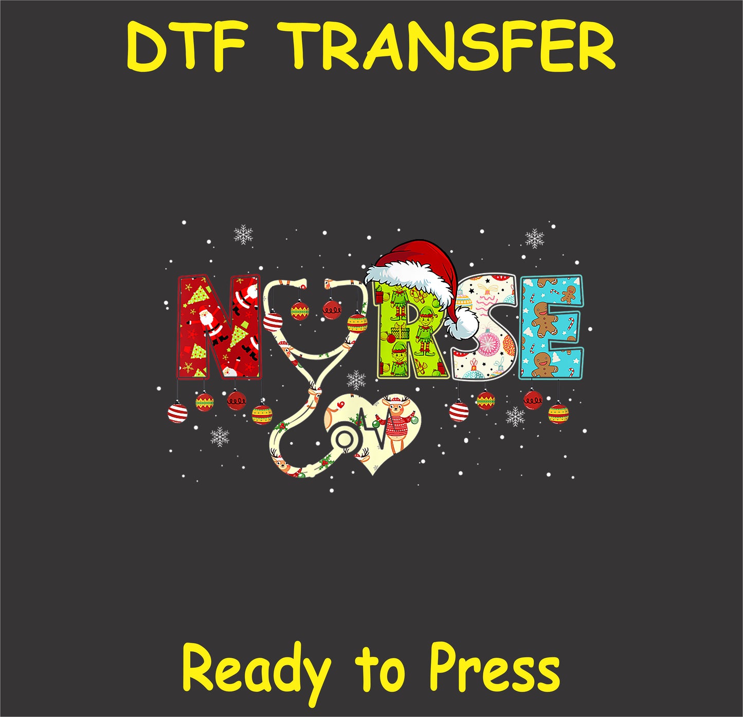 "NURSE DTF Transfer with festive Christmas design and holiday characters for healthcare professionals"