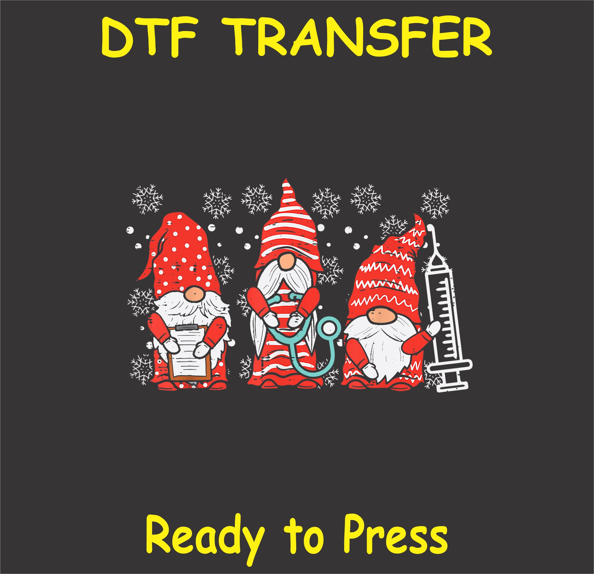 "Nurse Gnome DTF Transfer featuring festive holiday characters for healthcare professionals"