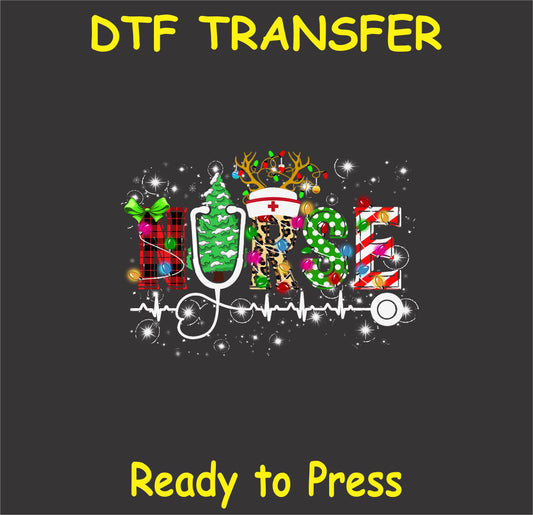 "NURSE DTF Transfer with colorful Christmas design featuring holiday elements for healthcare professionals"