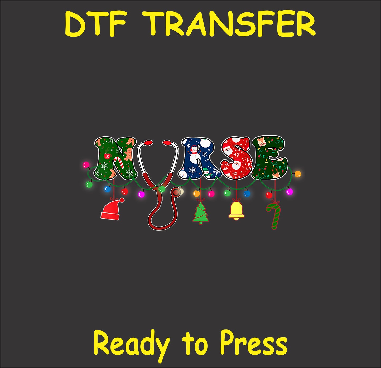 "NURSE DTF Transfer featuring colorful Christmas lights and holiday design for healthcare professionals"