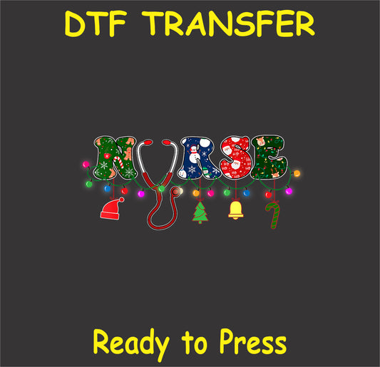 "NURSE DTF Transfer featuring colorful Christmas lights and holiday design for healthcare professionals"