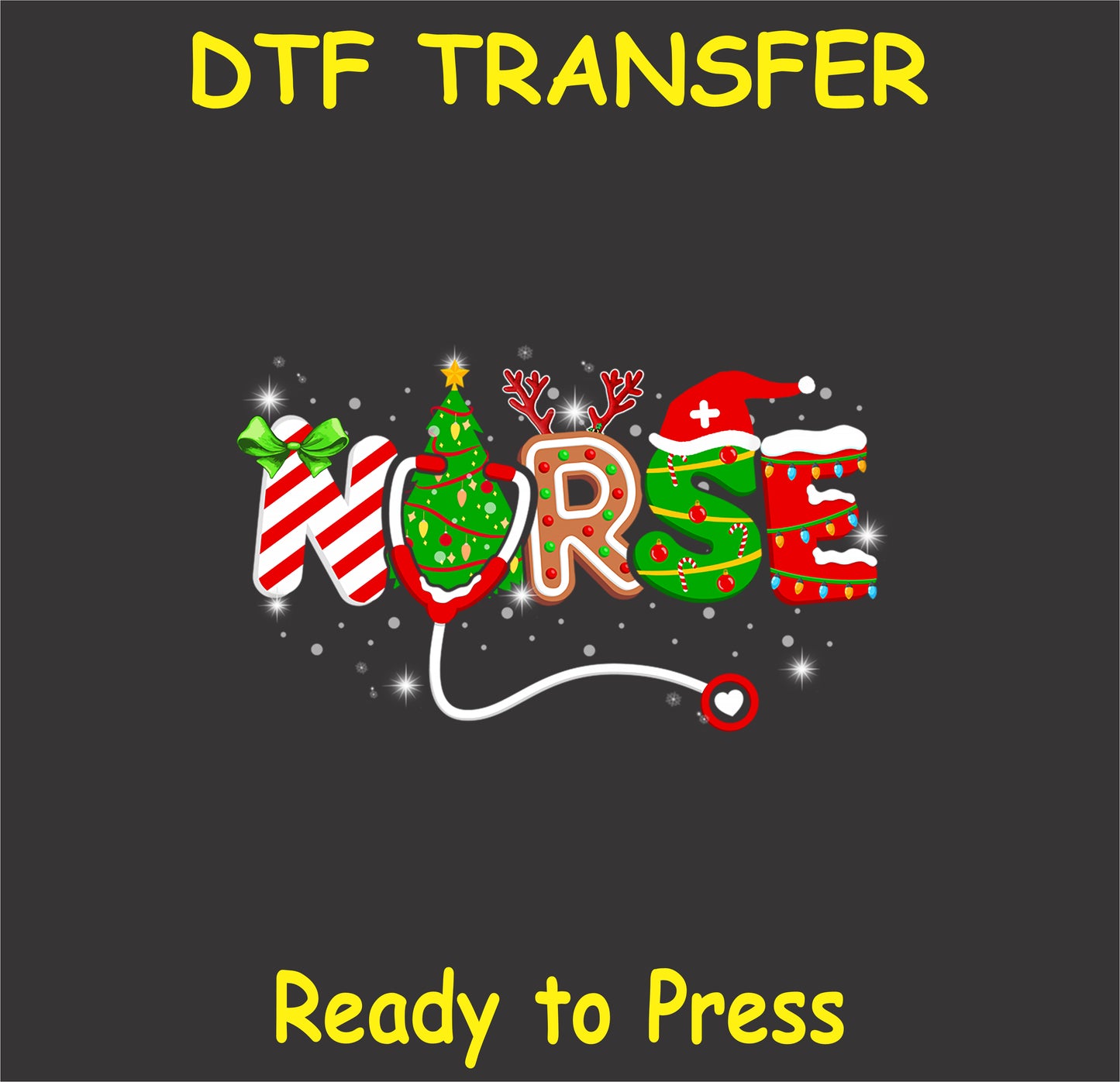 "NURSE DTF Transfer featuring festive holiday design with Christmas elements for healthcare professionals"