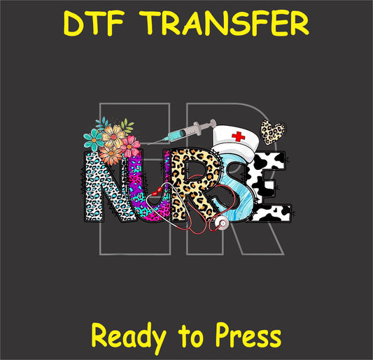 "NURSE DTF Transfer featuring colorful floral and animal print design for healthcare professionals"