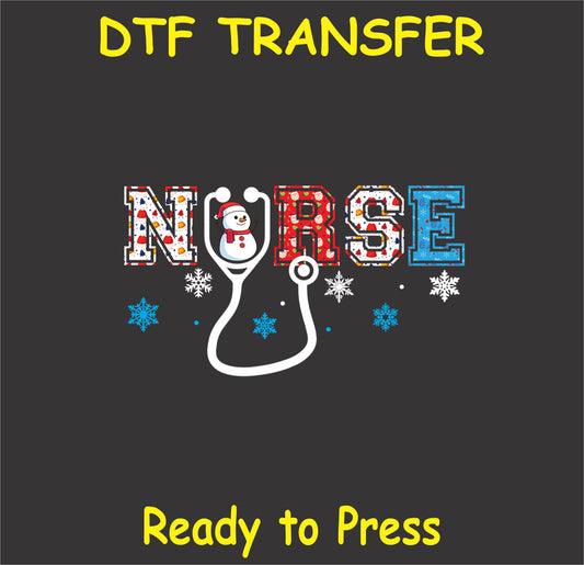 "NURSE DTF Transfer featuring winter wonderland design with snowman and colorful letters for healthcare professionals"