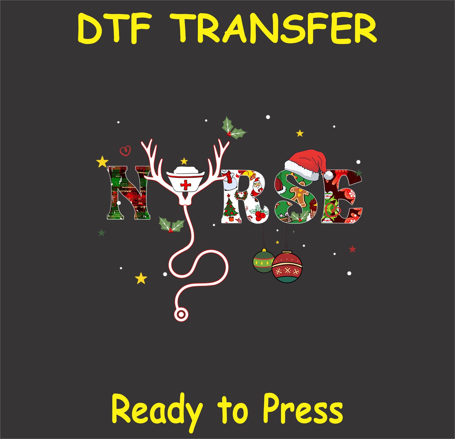 "NURSE DTF Transfer featuring a festive Christmas design with holiday elements for healthcare professionals"