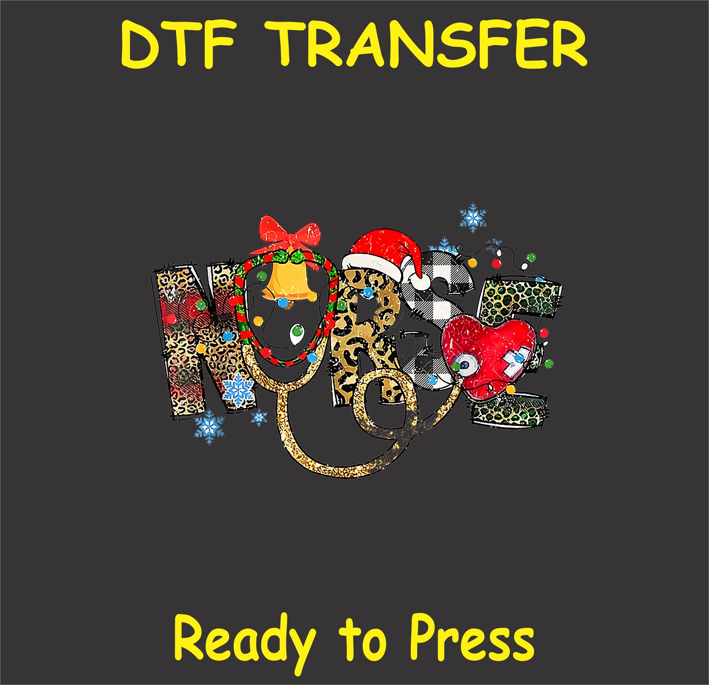 "NURSE DTF Transfer featuring a chic Christmas design with animal prints and holiday elements for healthcare professionals"