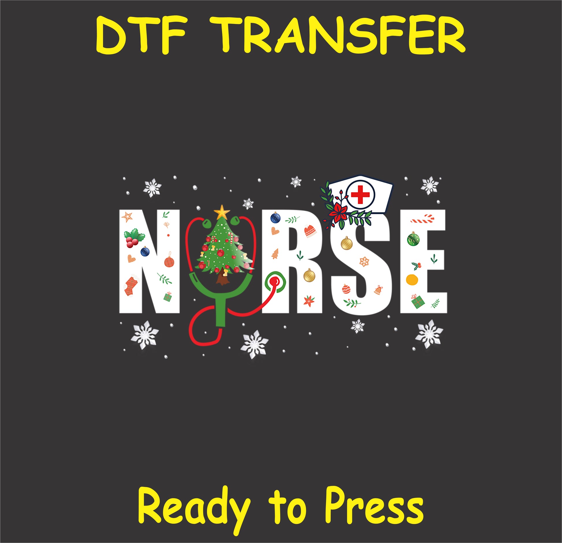 "NURSE DTF Transfer featuring a festive holiday design with Christmas tree and decorations for healthcare professionals"