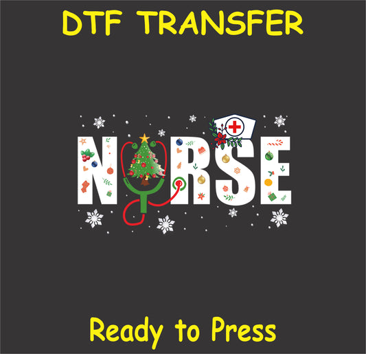 "NURSE DTF Transfer featuring a festive holiday design with Christmas tree and decorations for healthcare professionals"