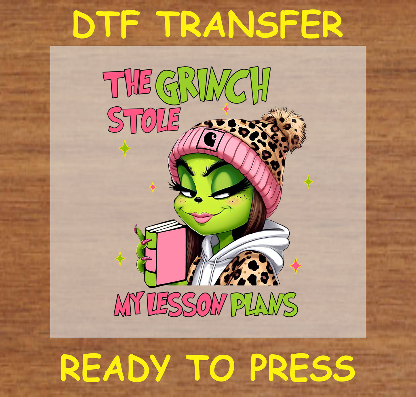 Christmas DTF Transfer with stylish Green Grump in leopard print beanie holding a book"