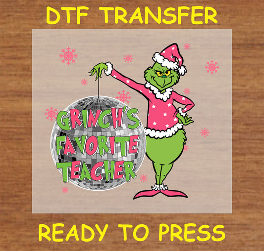 "Favorite Teacher Holiday DTF Transfer with a holiday character holding a disco ball for teachers"