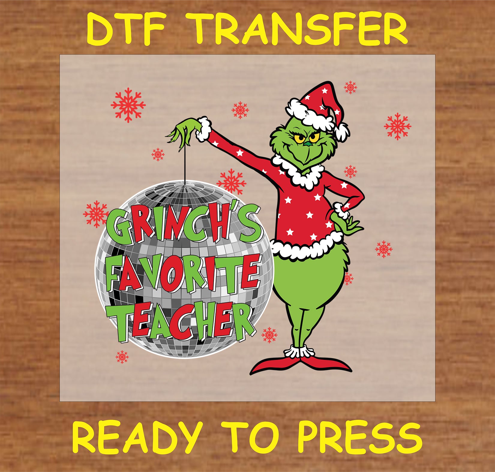 "Favorite Teacher Holiday DTF Transfer featuring a Santa character holding a disco ball for teachers"