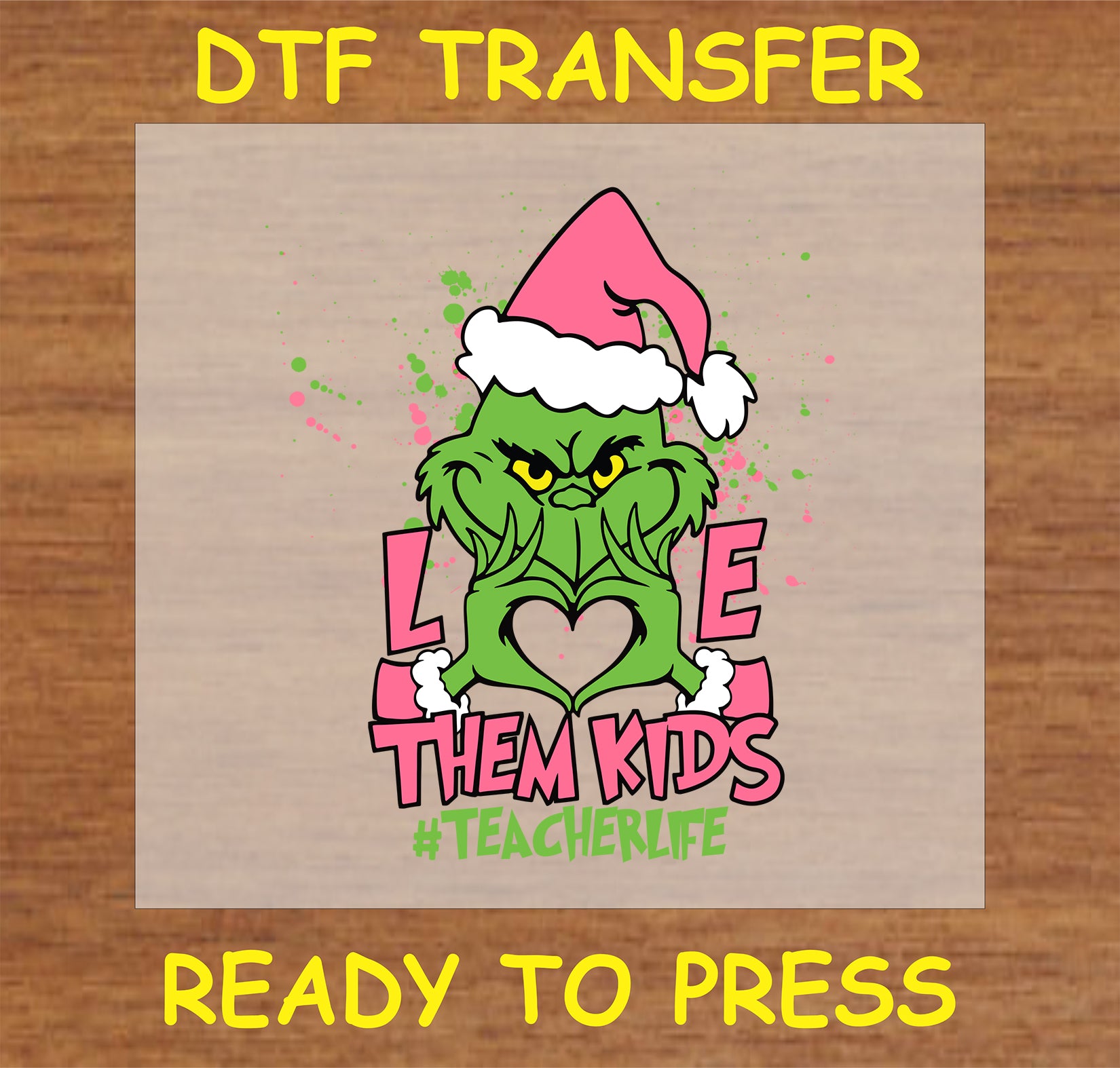 "Love Them Kids DTF Transfer with festive character in Santa hat and heart design for teachers"