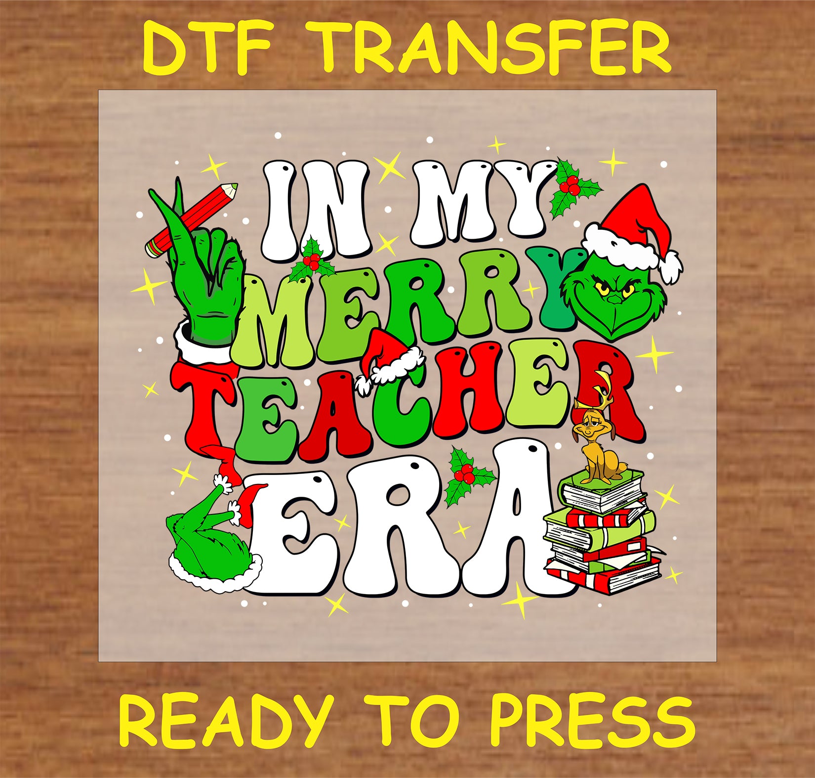 "In My Merry Teacher Era DTF Transfer with holiday colors and playful design for teachers"