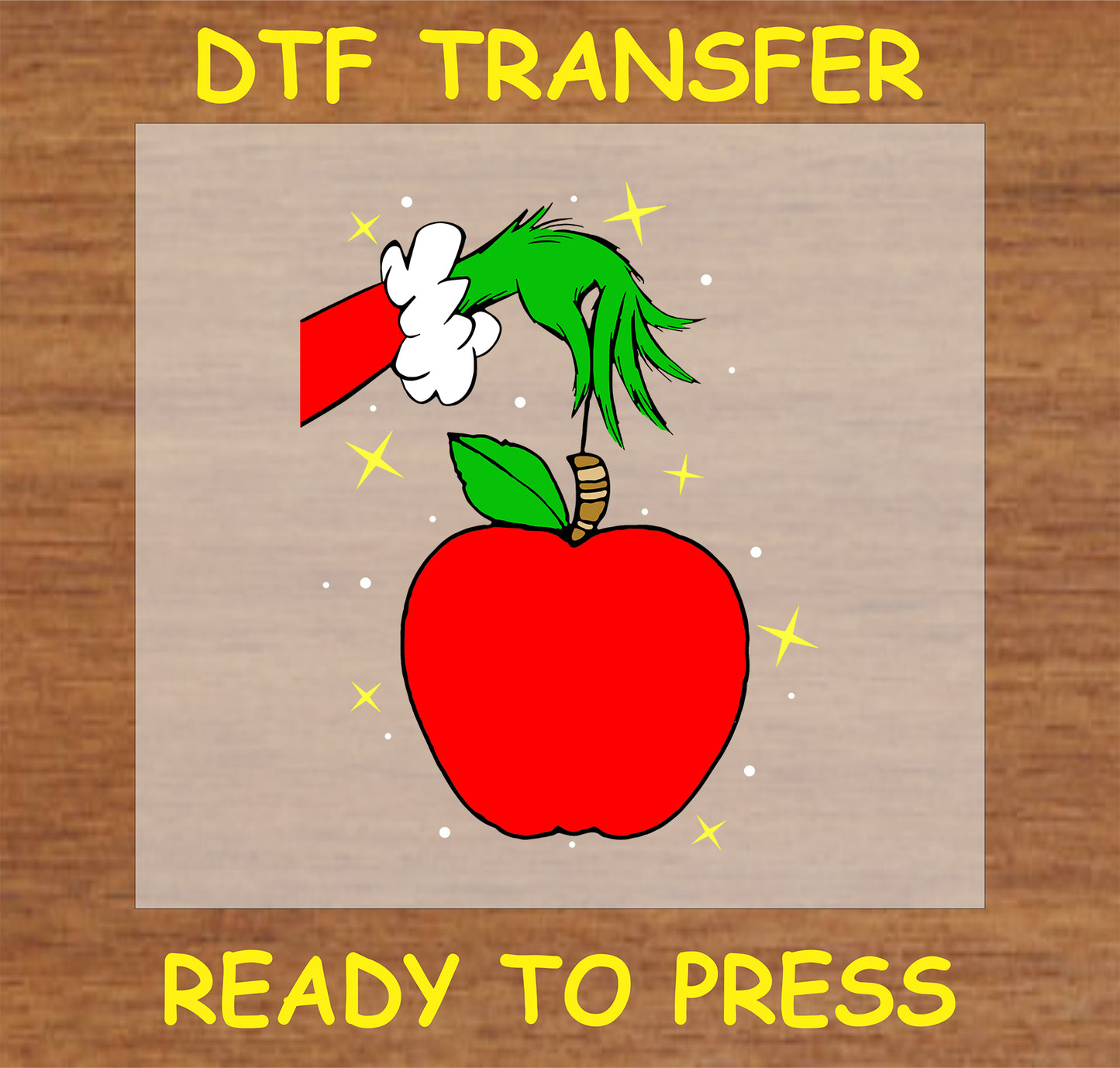 "Festive Teacher Apple DTF Transfer with holiday hand holding a bright red apple"