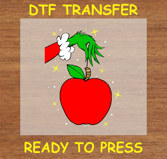 "Festive Teacher Apple DTF Transfer with holiday hand holding a bright red apple"