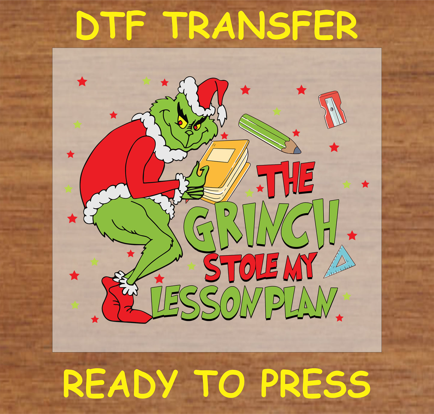 "Holiday Mischief Teacher DTF Transfer with festive character taking lesson plans for teachers"