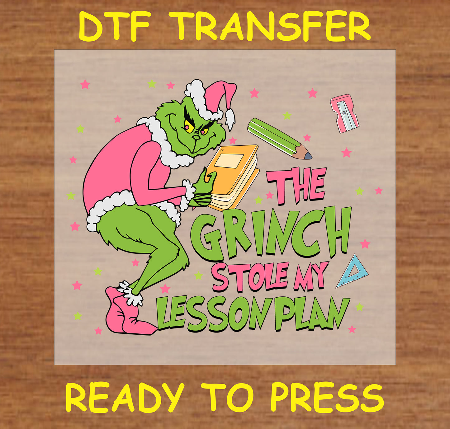 "Holiday Mischief Teacher DTF Transfer with a festive character and stolen lesson plans"