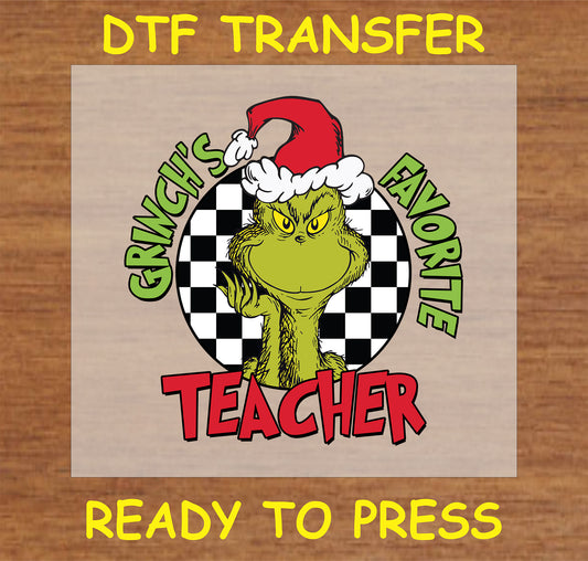 "Favorite Holiday Teacher DTF Transfer with festive character in Santa hat and checkered background for teachers"