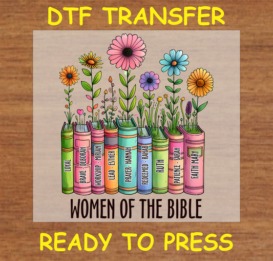 "Women of the Bible DTF Transfer with colorful books and flowers representing biblical women"