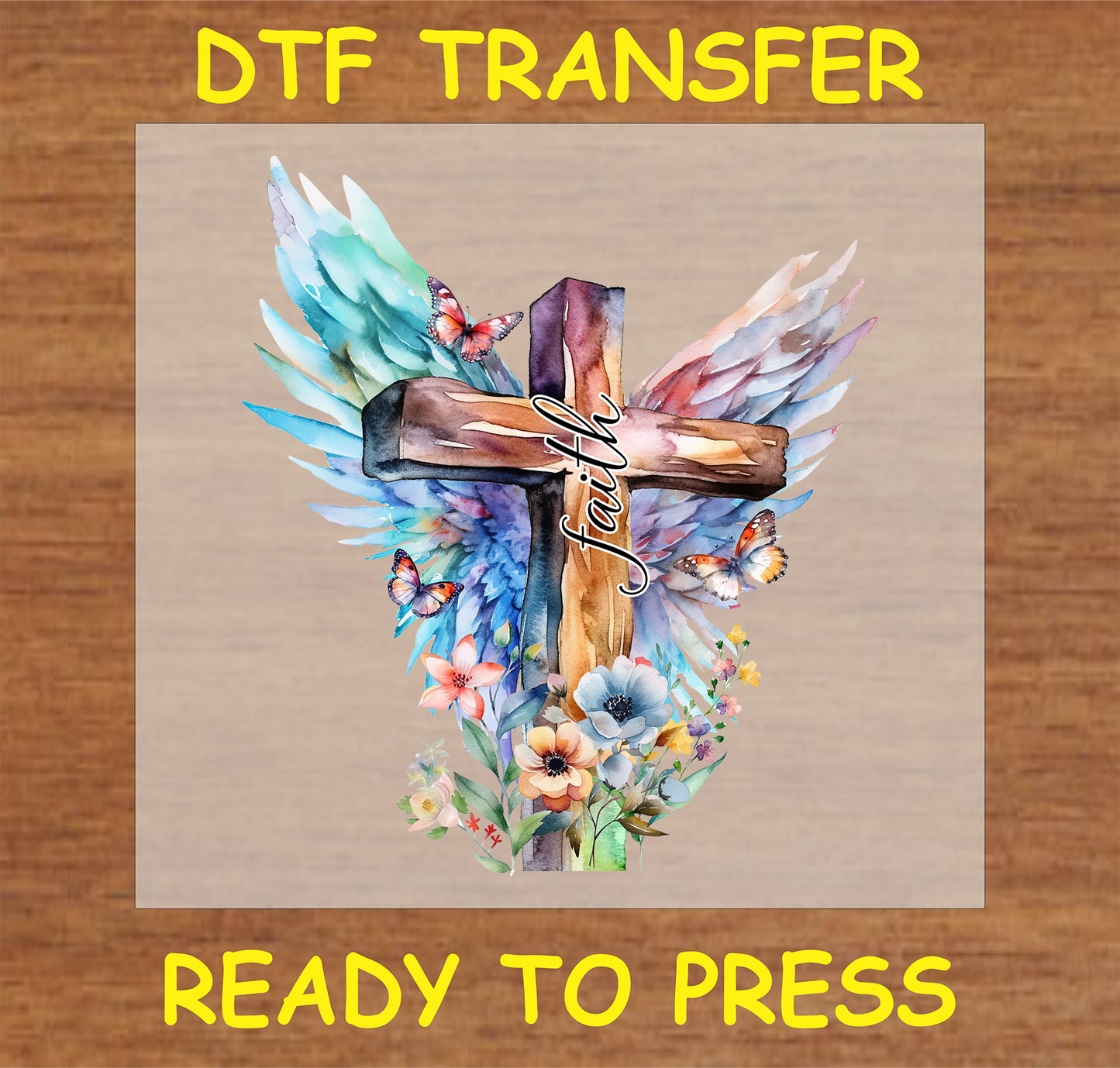 "Faith Cross DTF Transfer with colorful wings, floral accents, and butterflies"